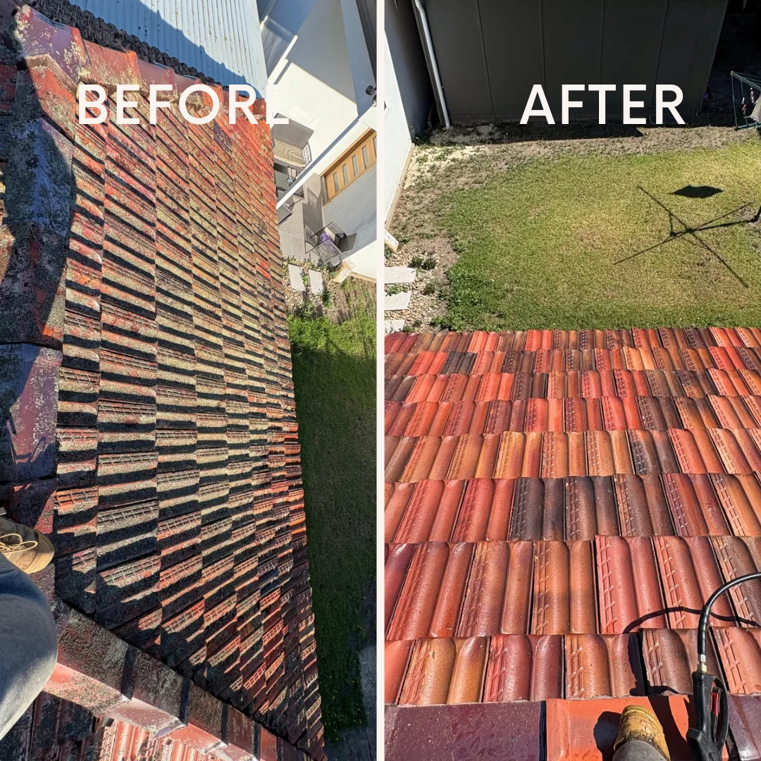 Actual roof tile cleaning before and after